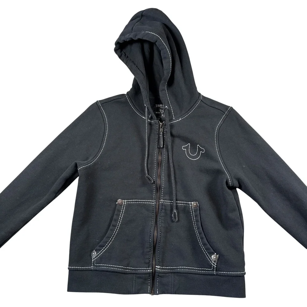 True Religion Zip Up Hoodie Mens M Black Big Graphic Streetwear Y2K Gorpcore